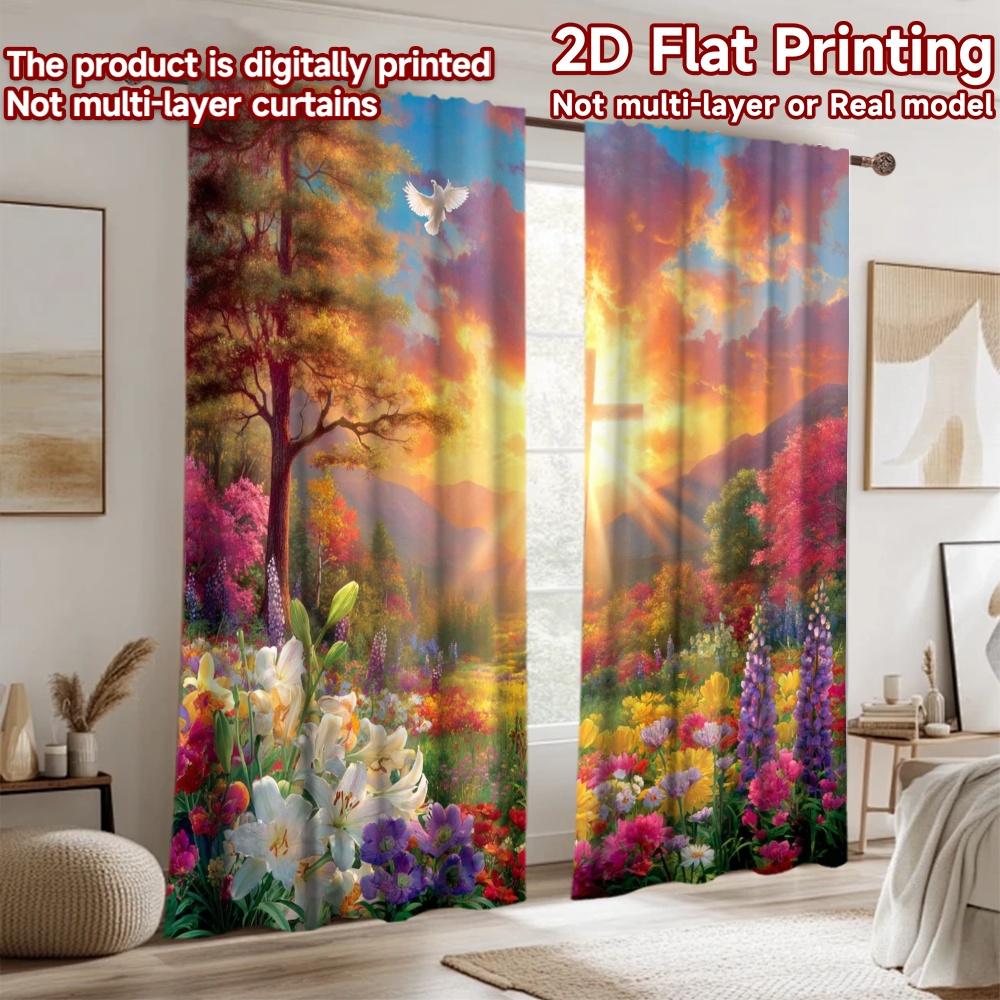 2D flat printing 2pcs Window Drapes Easter Lily Cross Dove Sunrise Digital Printed Polyester Drapes Holiday Decorations for New