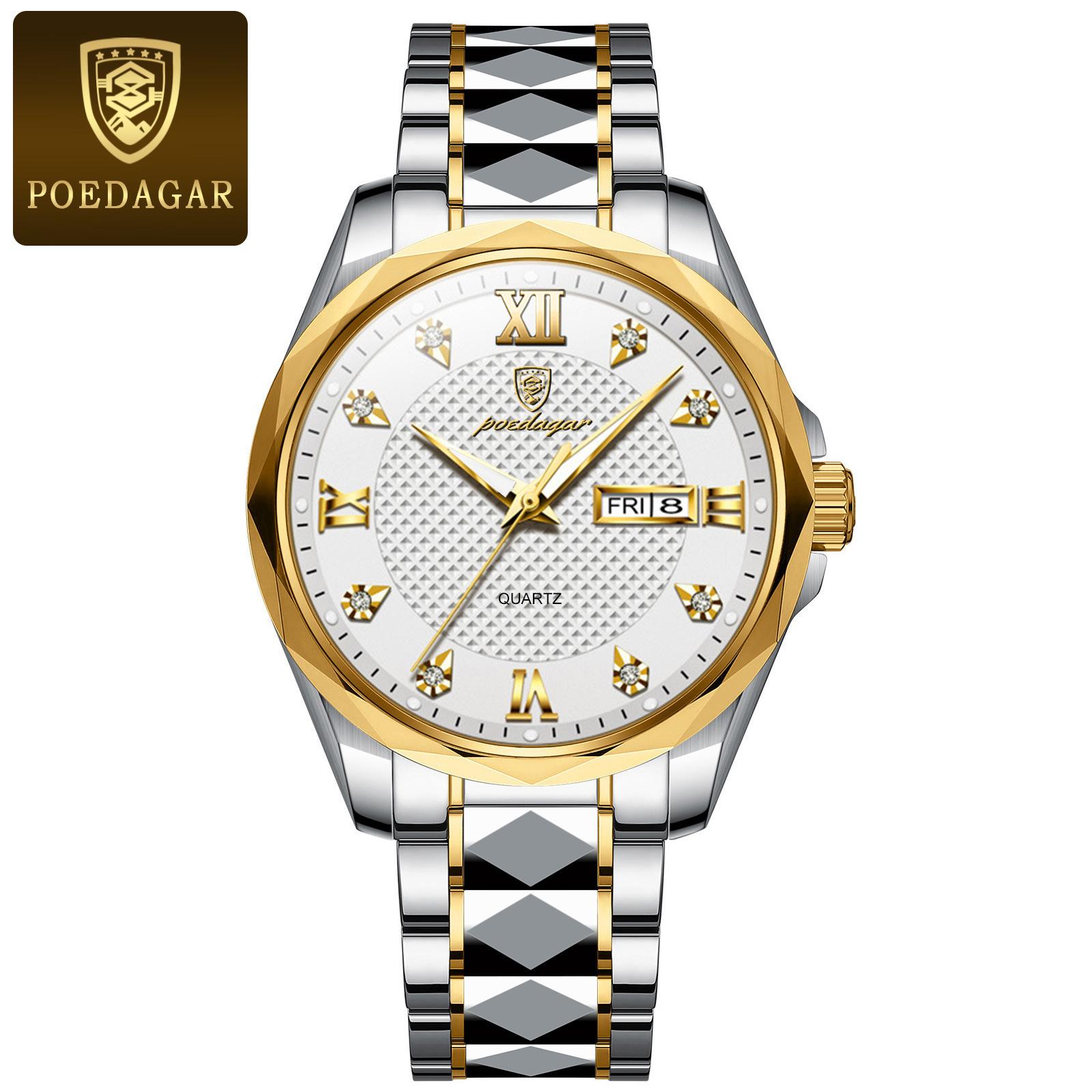 

Мужские кварцевые часы, водонепроницаемые, светящийся циркониевый бриллиантовый циферблат, мужские модные кварцевые часы с двойным календарем и дисплеем, деловые часы золотой/белый