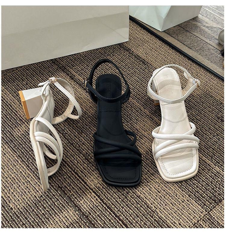 One-Strap Chunky Heel Square Toe White Sandals - 2025 Spring French Style Women's Mid-Heel