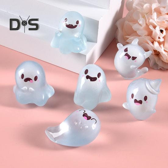 6Pcs Luminous Mini Resin Ghost Figurines Glowing Halloween Ornaments Small Ghost Micro Miniature Statue for Outdoor House Landscape Party
