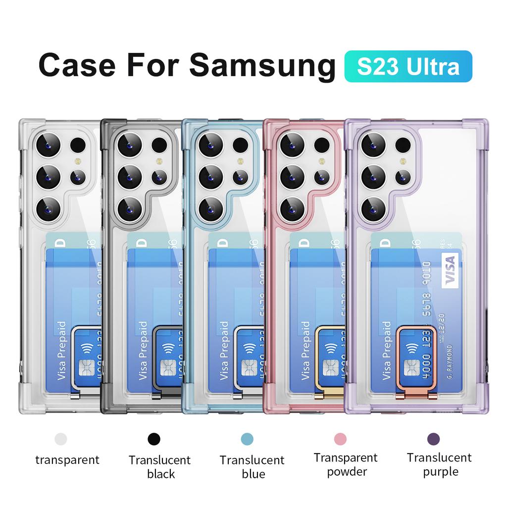 Metal Stand Holder Card Slot Case For Samsung Galaxy S24 S23 S22 S21 Note 20 Ultra S24 Plus Full Clear Airbag Anti-knock Cover