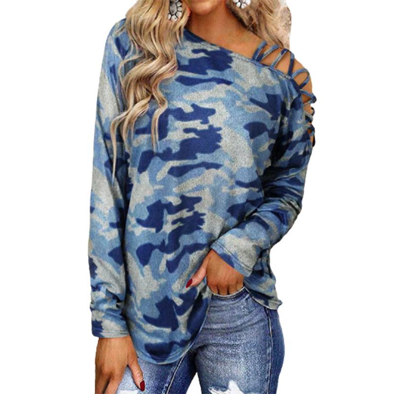 Damenmode T-Shirt Bedruckt Rundhals Langarm Top Camouflage Pullover
