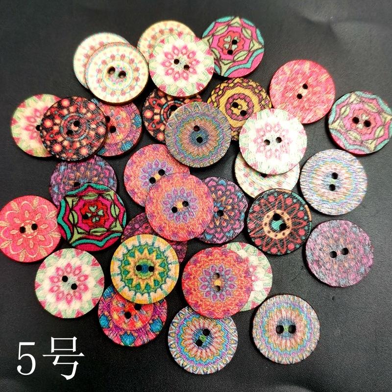 Wooden Buttons, Vintage Button Decorations, Children'S Painted Printed Diy Double-Hole Buttons, 100 Pieces Per Pack