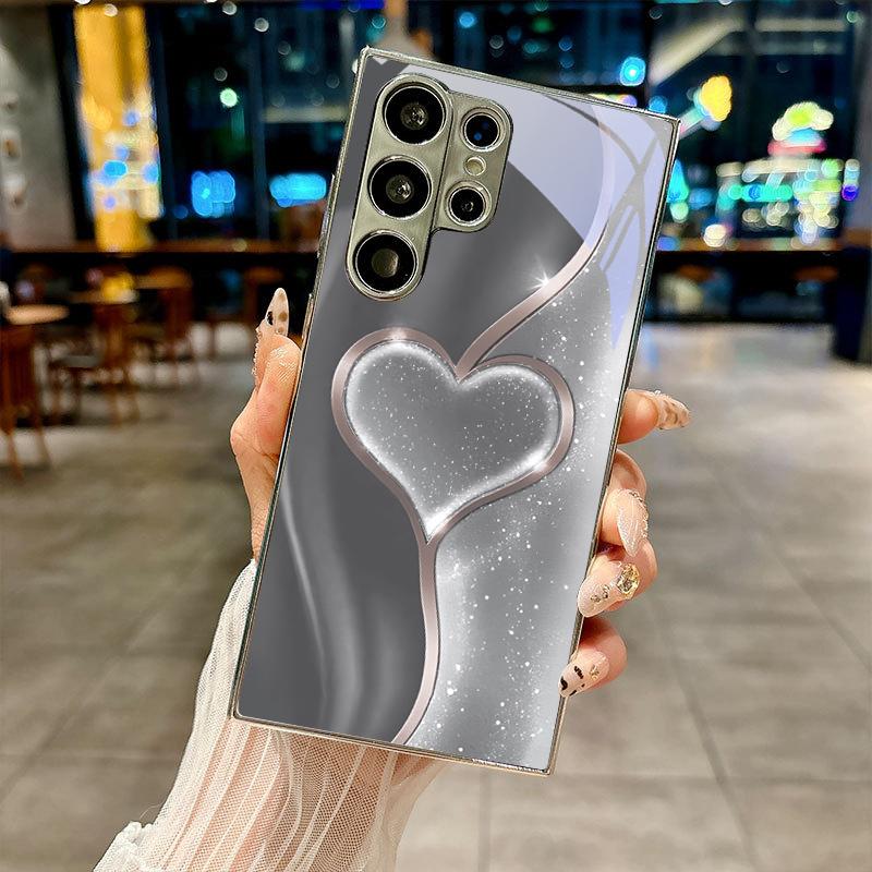 Shiny Heart Outline Electroplated Silver Phone Case For Samsung Galaxy S26 S25 S24 S23 S22 S21 S20 Ultra Plus FE 26+ Glass Cover