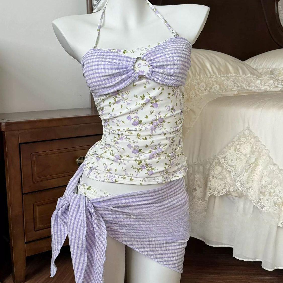 2026 New Sexy High Waisted Halter Bikini Set Two Piece Swimsuit Monokini Push Up Bohemian Women Holiday S фиолетовый