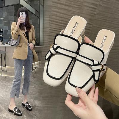 Leisure Slippers Female Slides Casual Square Mid Heels Shoes for Women Mules Pointed Toe Pleated Summer Plus Size