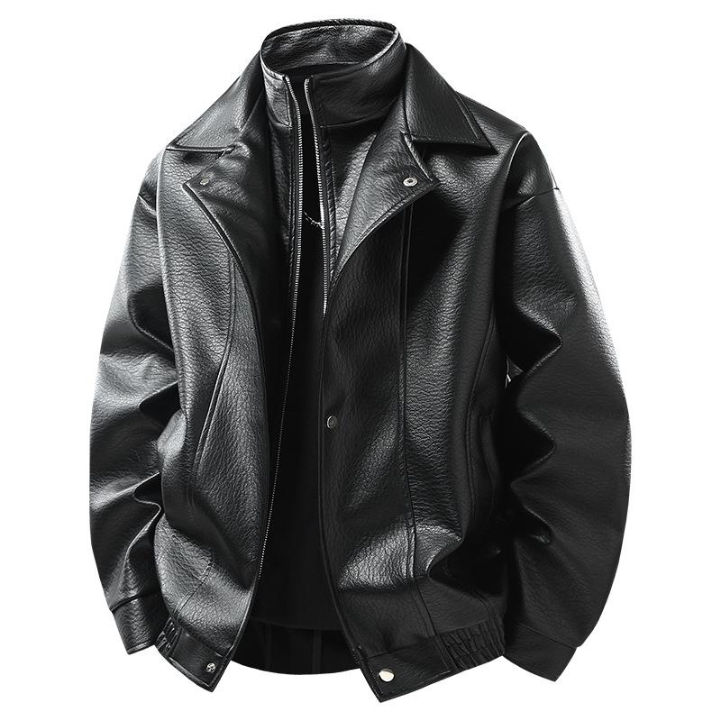 Men's leather jacket, new PU leather motorcycle fleece-lined loose versatile trendy leather jacket for men