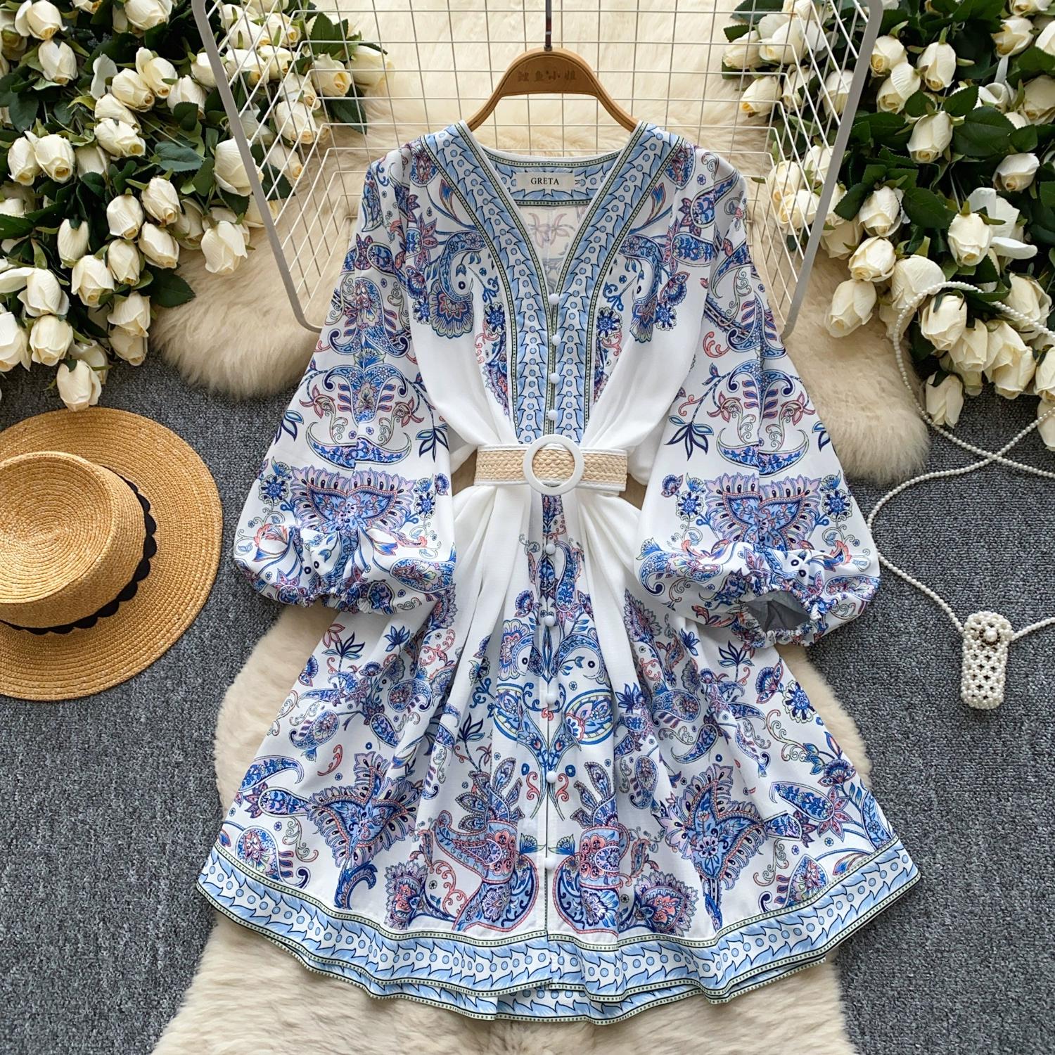 

Весна-лето Женские однобортные мини-короткие пляжные платья с V-образным вырезом и ретро-принтом с поясом L белый