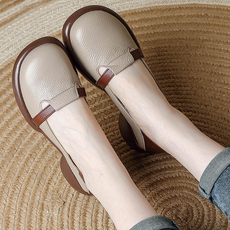 Genuine Leather Women's Shoes Low Heeled Retro Cowhide Single Shoes Women Shallow Mouth Loafers Ladies Casual Comfortable Shoes