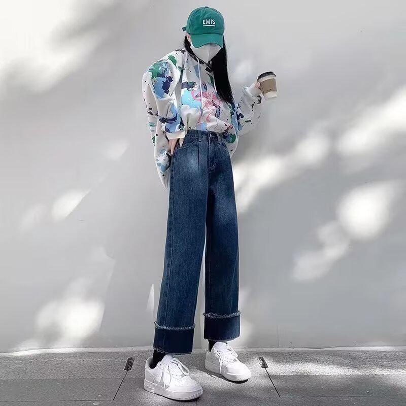 

Джинсы с высокой посадкой и широкими штанинами - Женские, Свободный крой, Стройнящие, Стиль Гонконга, Весна/Осень, С подворотами, Прямые брюки. Large синий