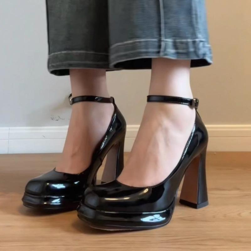 Módní Mary Jane boty na vysokém podpatku Dámská móda Čtvercová špička Mělký výkroj Jednopřezkové Platforma Blokový podpatek Červené Jednoduché boty