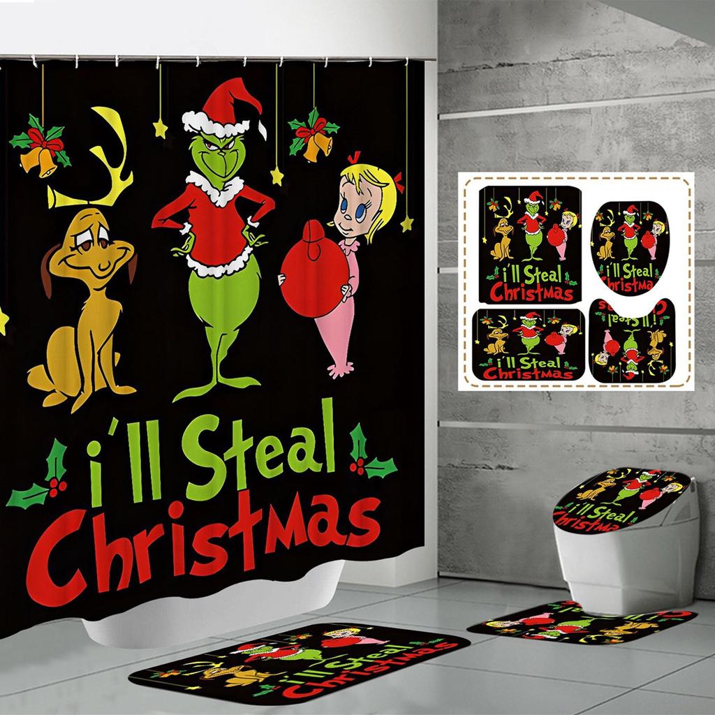 Christmas Waterproof Polyester Shower Curtain Mat Set Of Four