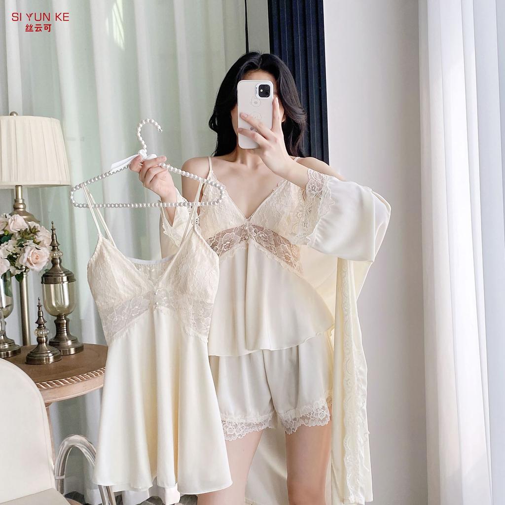 New Ice Silk Pajamas Women's Summer Suspender Nightdress Lace Lace with Chest Pad Pure Desire Style Loungewear Two-piece Set