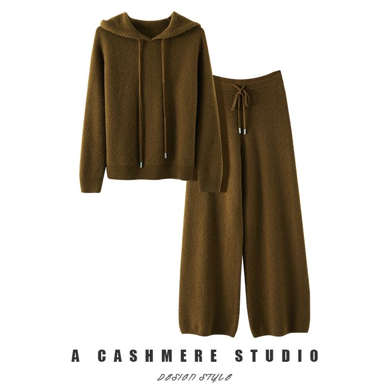 New Women's Cashmere Hoodie & Knitted Wide-Leg Pants Fashion Suit for Autumn/Winter