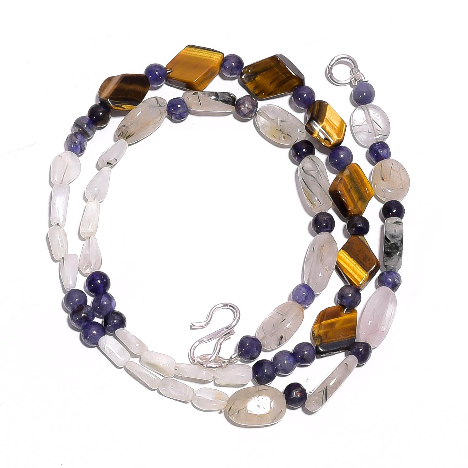 

Natural Tiger Eye Moonstone Iolite Gemstone Smooth Beads Necklace 17 UB-4609 UB-4609