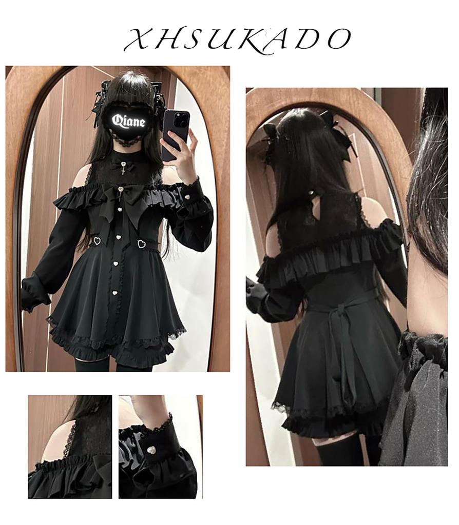 Cute Heart Long Detachable Ribbon Lolita Size L [XHSUKADO] Women's Open-Shoulder Dress, Back, Stand-Up Collar, Sleeves, Brooch, Ruffles, Lace, A-Line,