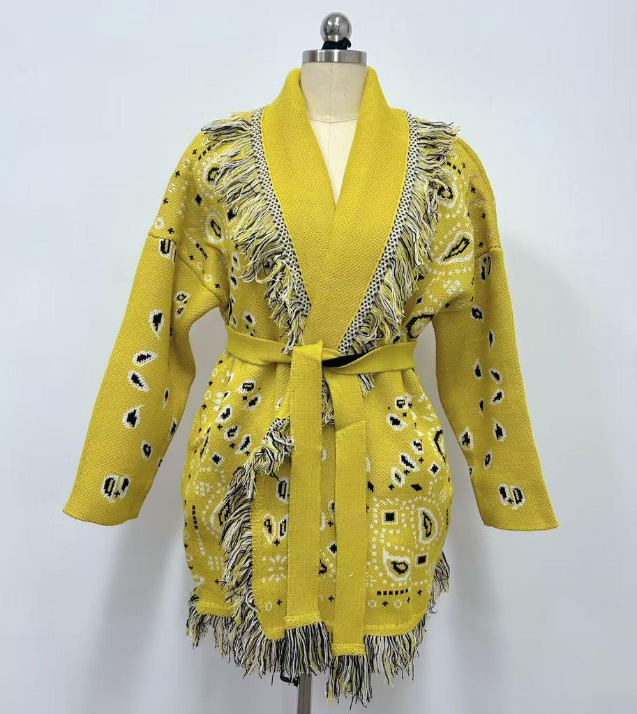 European & American Retro Color-Blocked Tassel Jacquard Mid-Length Cardigan - Women's Loose Fit Lapel Coat for Autumn/Winter
