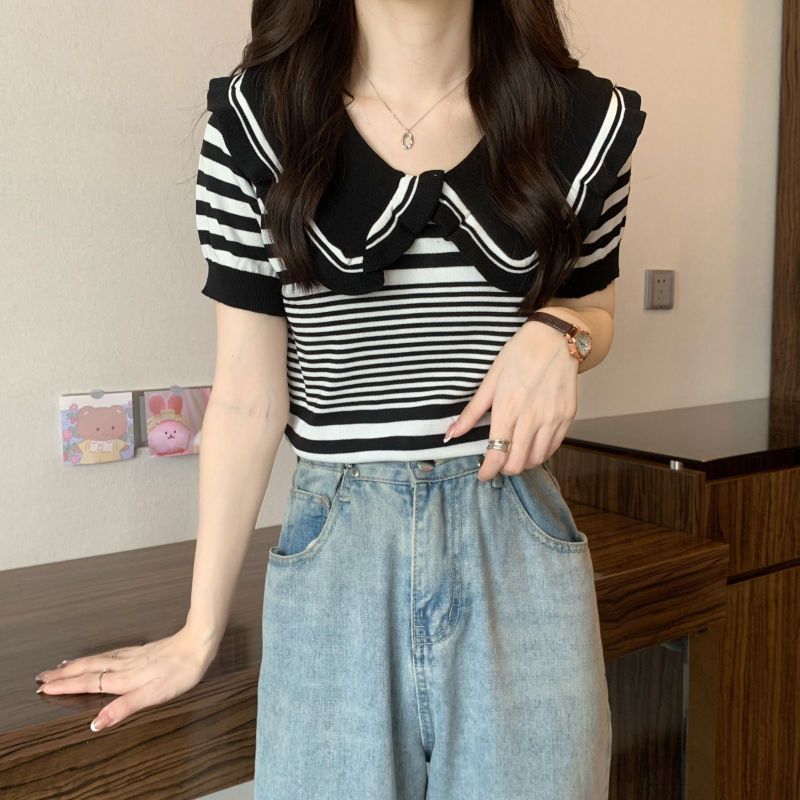 Design Sense Niche T-shirt Short Sleeved Women's Summer Sweet and Spicy Doll Collar American Retro Striped Knitted Top Trendy