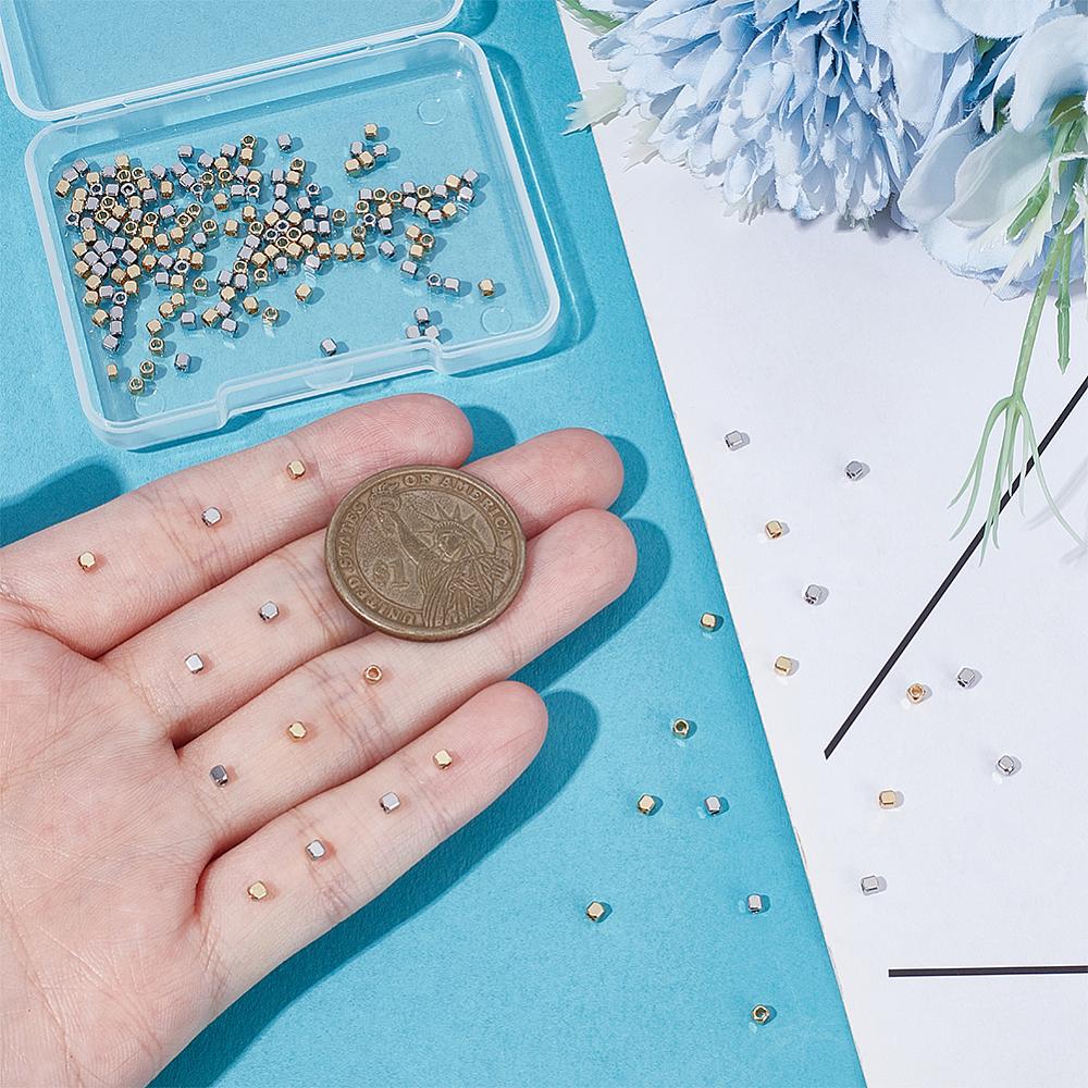 1set 200pcs 2 colors 201 Stainless Steel Beads Cube Golden & Stainless Steel color 2x2x2mm Hole: 1mm 100pcs/color