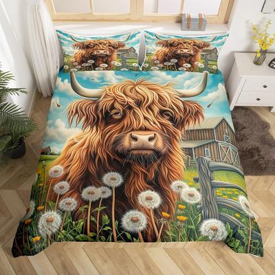 Funda Nórdica Vaca de las Tierras Altas King Queen Animal de Granja Occidental Funda de Edredón Microfibra Toro Ganado Floral Juego de Cama Para Niños Adolescentes