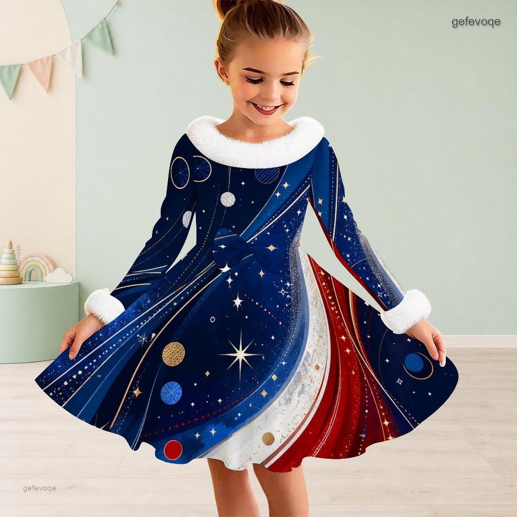 Girls High Neck Long Sleeve Printed A Line Flared Dress Red Blue White Furry Trim Bow Decor