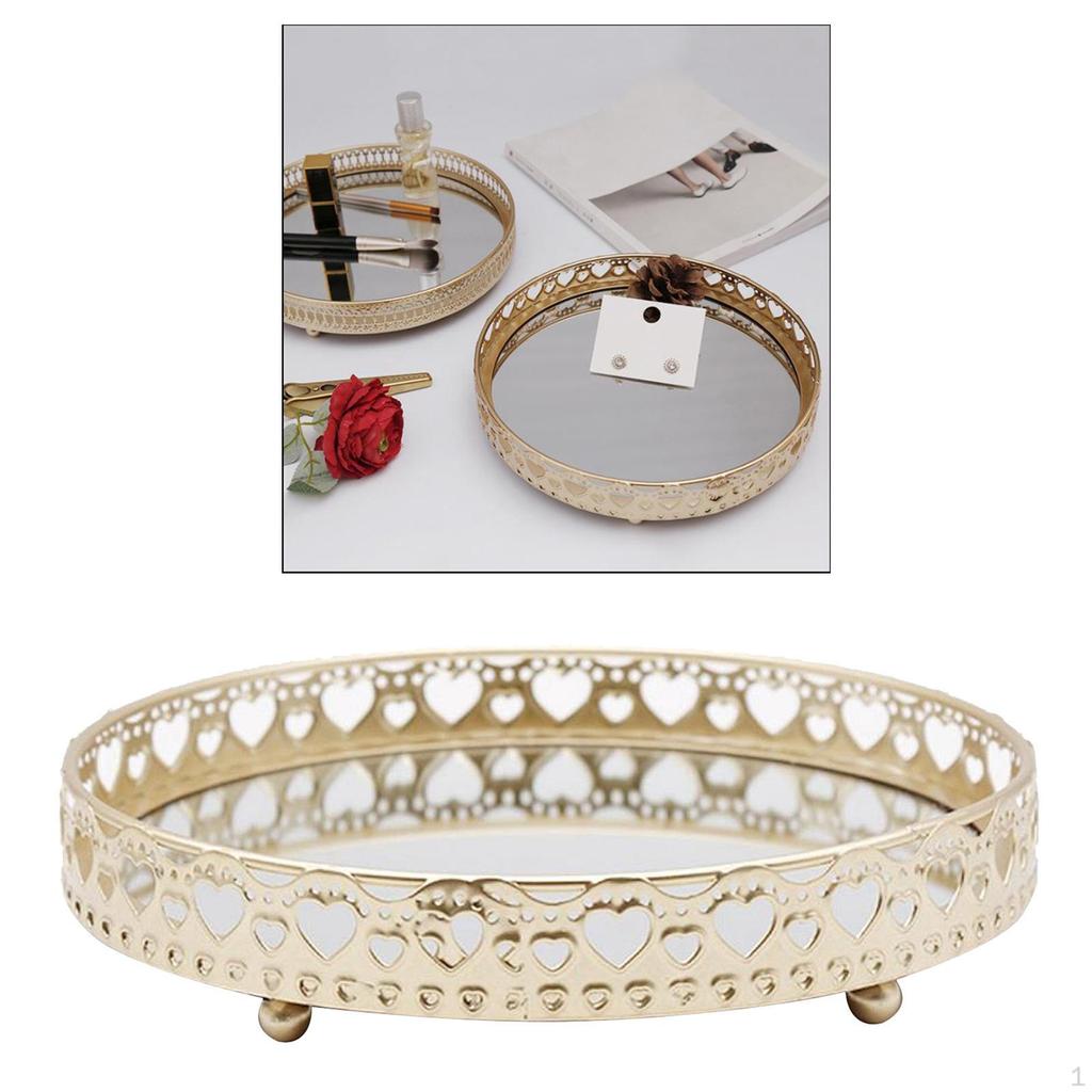 gold Mirror Jewelry Tray Display Stand Decorative Round Holder Plate for Bathroom