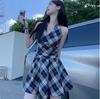 Black and white plaid neck dress women's summer retro plaid sleeveless v-neck vest skirt small a-word short skirt