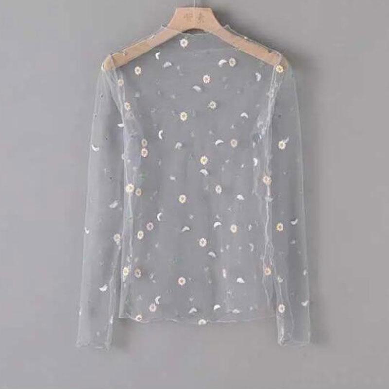 Women Sexy Mesh See Through T Shirt Perspective Flower Pattern Crop Top Long Sleeve Beach Cover Transparent T Shirt Tops Women One Size