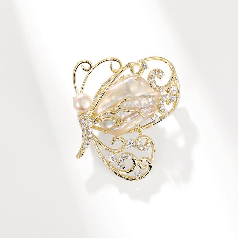 Korean Baroque Pearl Butterfly Brooch with Zircon Insect Pin