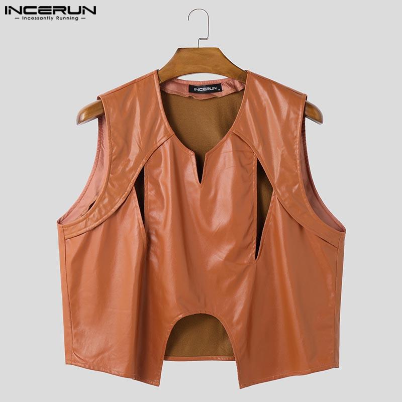 INCERUN Męskie bezrękawniki z wycięciami, ażurowe, codzienne, luźne, z PU skóry
