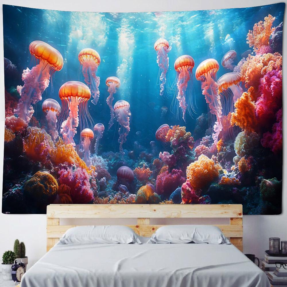Underwater Jellyfish Wall Tapestry, Dreamy Cartoon Style, Children's Room Background Poster, Home Decoration Mural, Bed Sheets