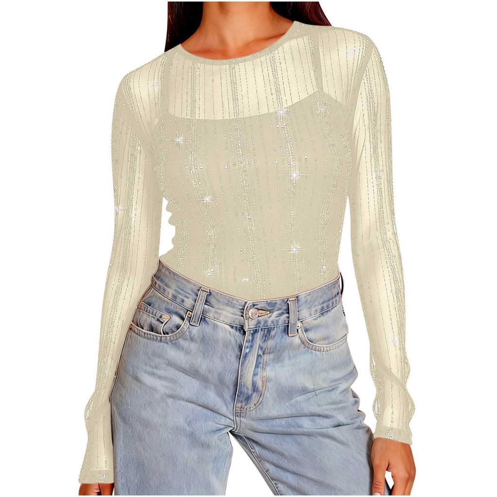 Women's High-Neck Sequin Long Sleeve Top - Spring/Autumn 2026, Stylish & Transparent Inner Layer