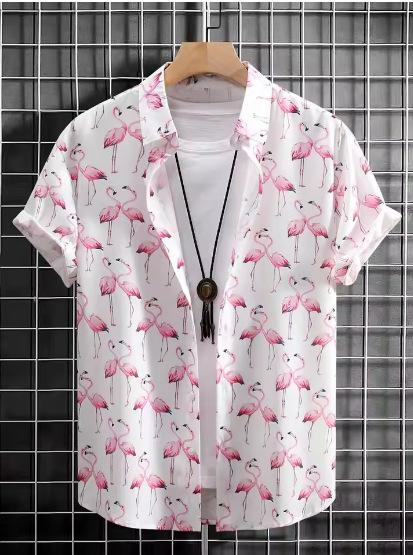 Men's Hawaiian Flamingo Printed Shirt Short Sleeve Casual Shirt Below Button