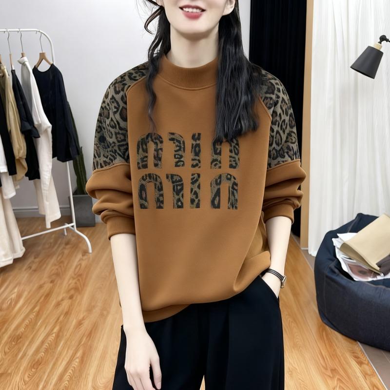 Plus Size Loose Vintage Leopard Patchwork Round Neck Long Sleeve Women Pullover Sweatshirt