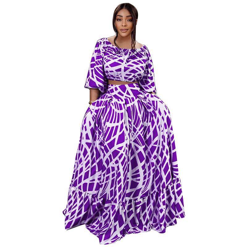 MY963 Womens Plus Size Floral Print Two-Piece Set Long Sleeve A-Line Maxi Skirt Outfit Casual Dressy Ensemble