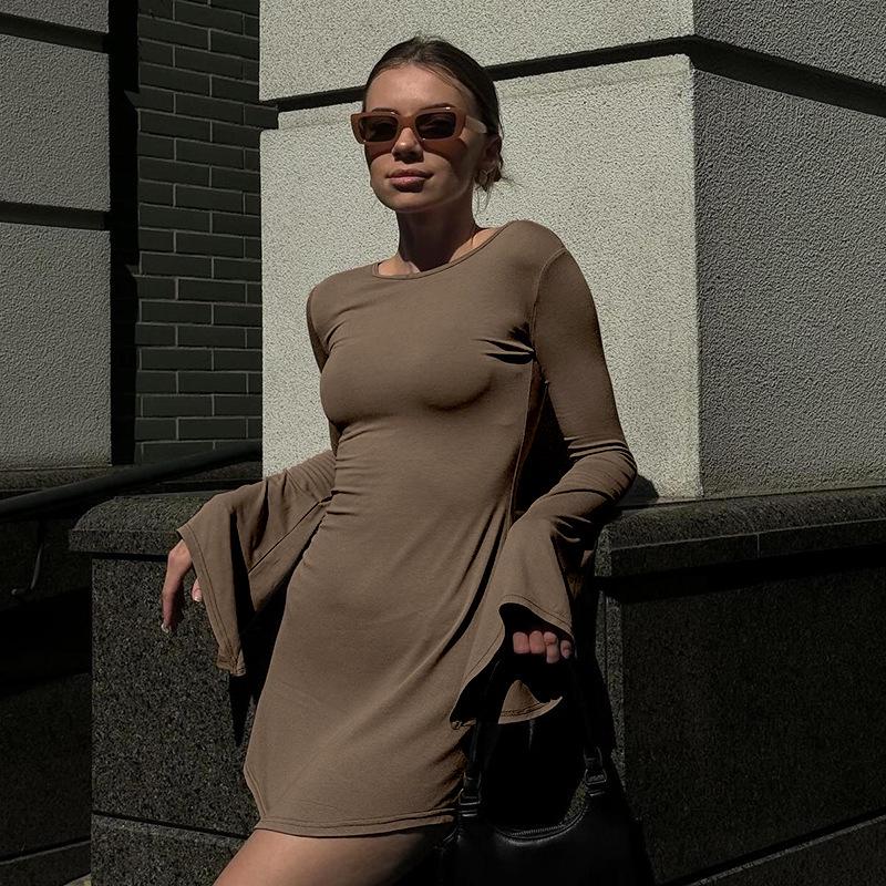 2025 European & American Women's Autumn/Winter Fashion: Round Neck Long Sleeve Sexy Slimming Short Dress