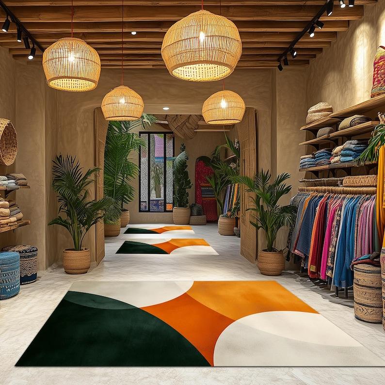 Shades Green Orange Modern , Boho Dorm Decor, Modern Art, Contemporary, Living Room Decor, Orange Details Rug