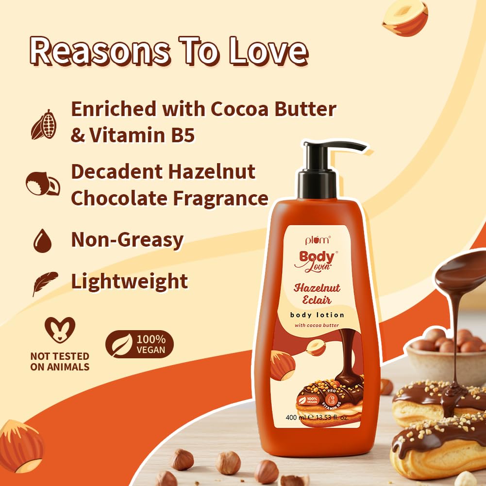Plum BodyLovin' Eclair alla Nocciola Lozione Corpo 400ml Confezione da 1 per Idratazione Profonda Pelle Morbida Liscia Non Grassa
