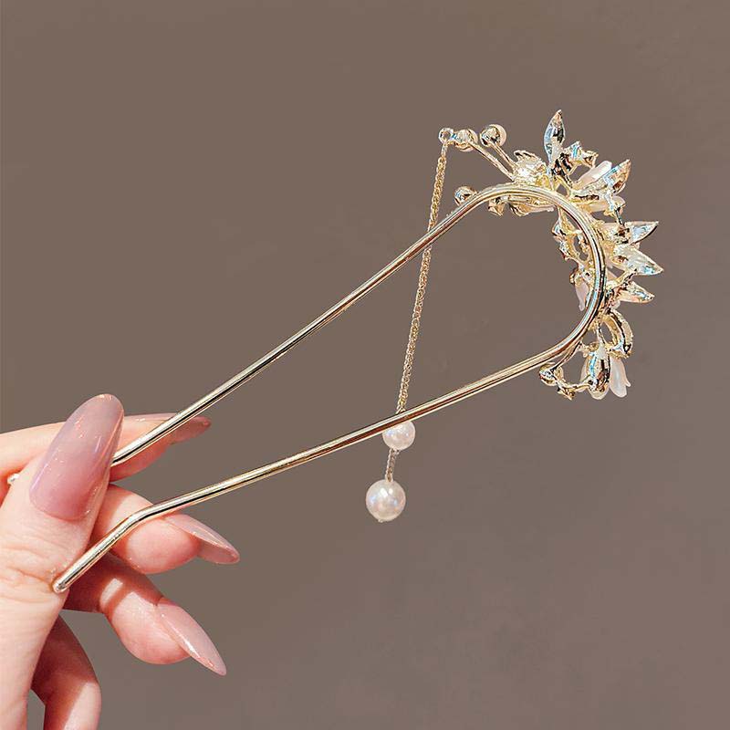 Fashion Metal Pearl Flower Tassel Hair Stick for Women Chinese Style U-shaped Hanfu Hairpin Headwear Jewelry Hair Accessories