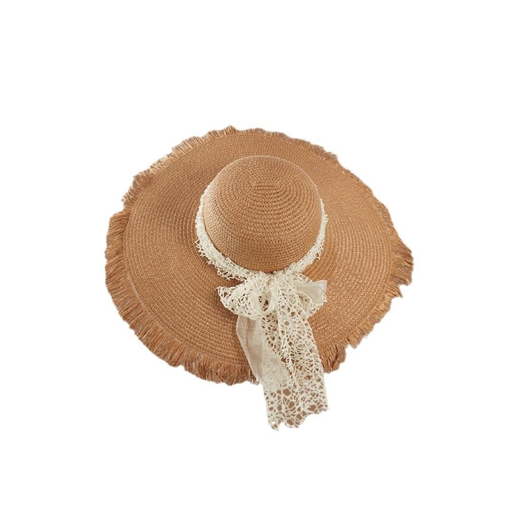 Summer Straw Hat With Wide Brim And Lace Edge For Sun Protection And Travel