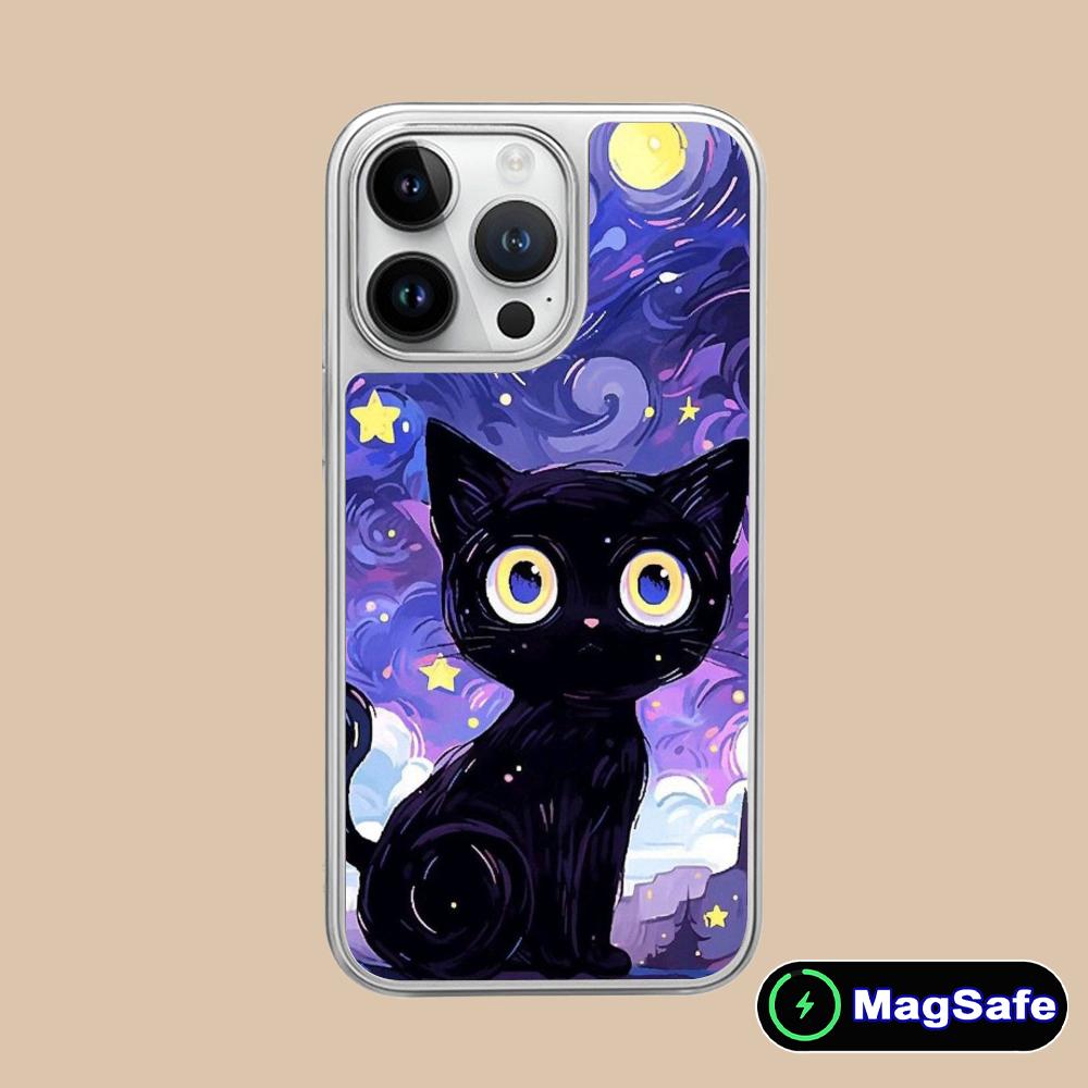 Luna Mond Katze Handyhülle für iPhone 17 16 15 14 13 12 11 Air Pro Max Plus Magsafe Silberbeschichtung Bunte Hülle Luxus