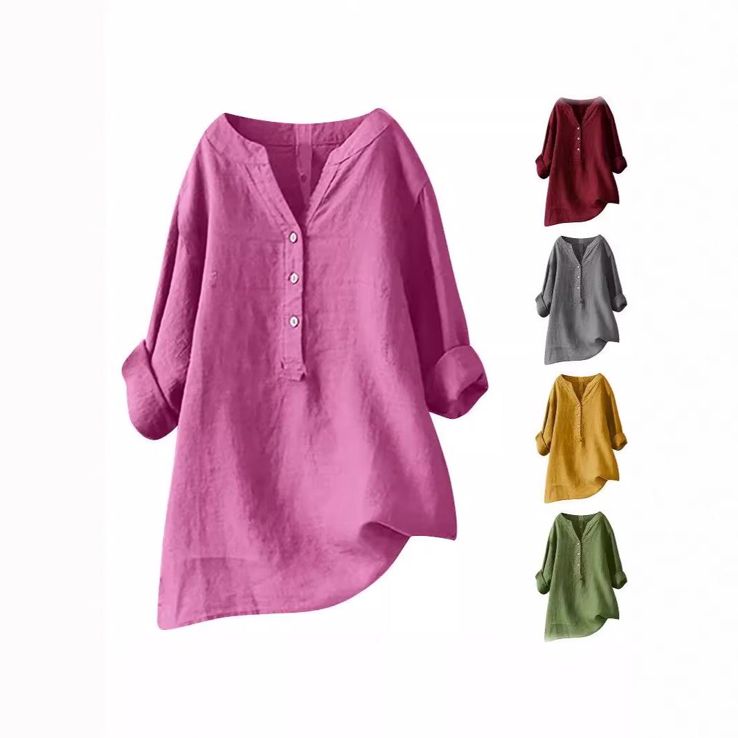 

Women s Solid Color Cotton Linen Loose Shirt with Pocket 4XL