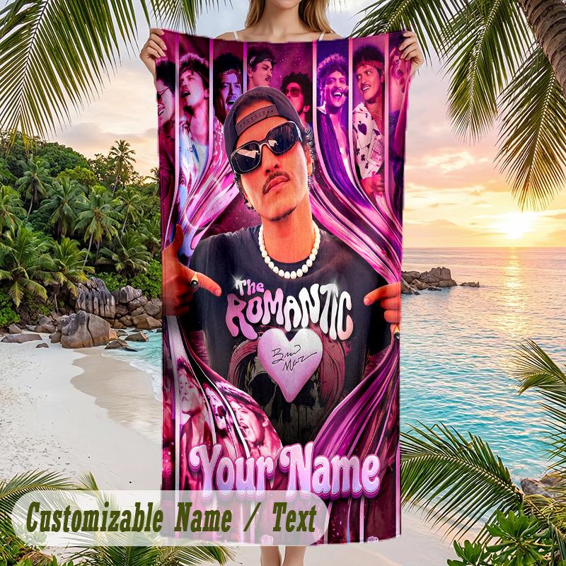Bruno Mars Beach Towel, Personalized Custom Name Text, Quick Dry Large Absorbent Towel For Beach Pool