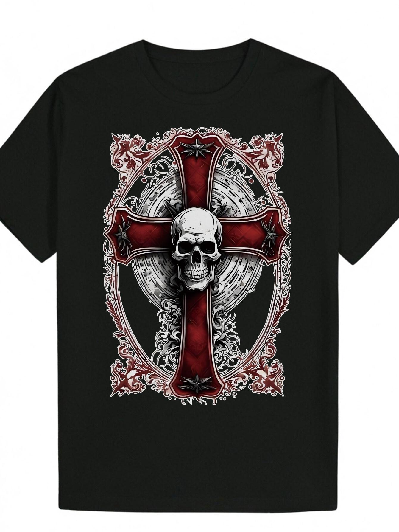 Gothic Skull & Crossbones Graphic T-shirt - Black Casual Summer Tee with Red/White/Blue Design XXXXL