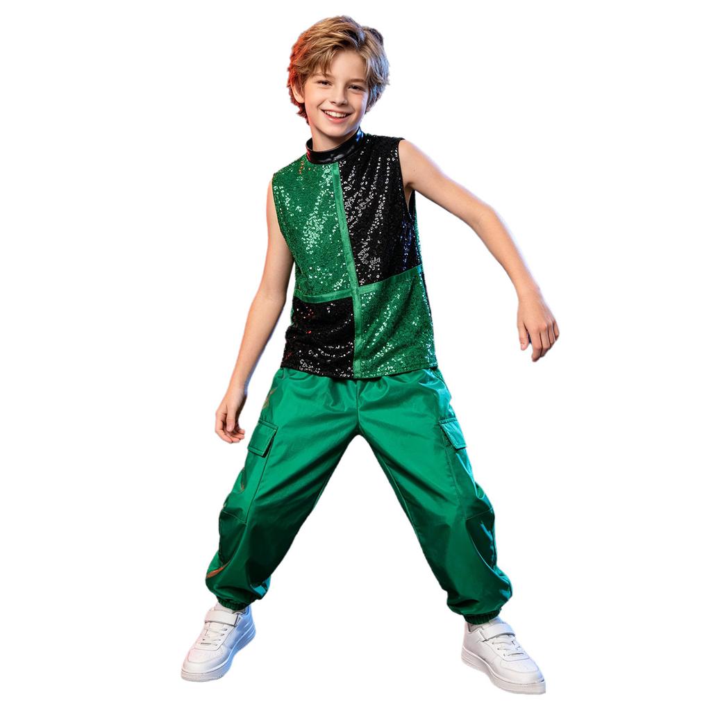 Boys Metallic Jazz Dance Costume Mock Neck Sleeveless Back Zipper Shiny Sequins Color Block Top Cargo Pants