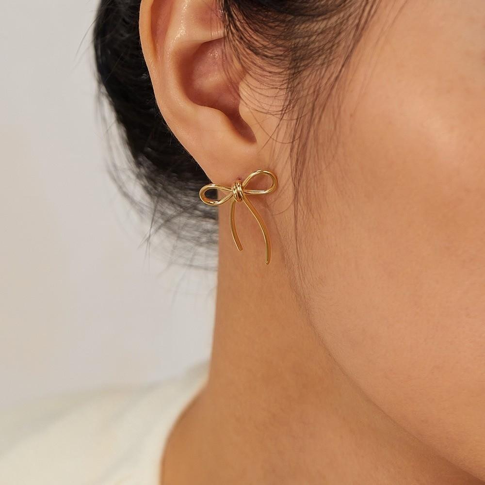 Stainless Steel Bow Stud Earrings Gold Color Women's Stud Earring Exquisite Bowknot Earrings  Women
