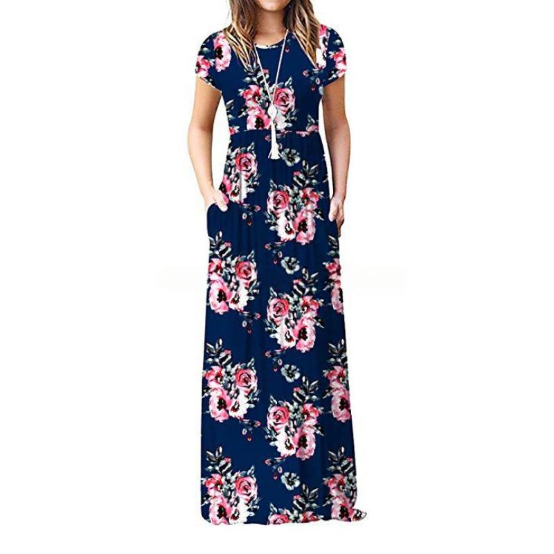 Women's Fashion Summer Spring Flower Pattern Print Short Sleeve O-Neck Casual Dresses