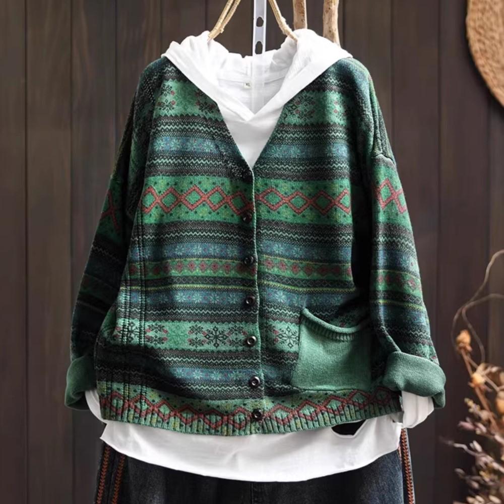 Johnature Women Vintage Sweaters Striped Print Floral Spring Chinese Style V-Neck Long Sleeve Knitted Sweaters