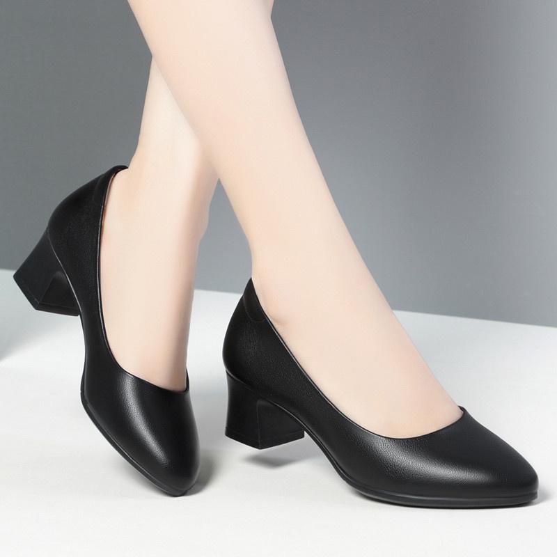 Women Black Shallow Mouth Low Heels Spring Autumn Fashion Round Head Thick Heeled Lightweight Work Office Single Shoes
