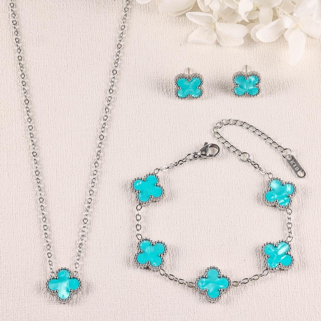 3PCS Clover 18K Gold Plated Necklace Bracelet Earnail Set Women's Light Luxury Colorful Fashion Accessories